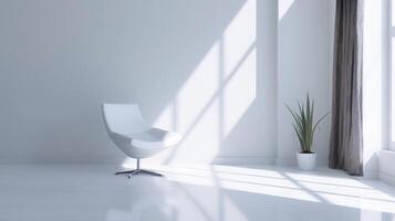 ai gerado minimalista Projeto interior com lustroso branco cadeira e em vaso plantar dentro uma iluminado pelo sol quarto com sombras foto