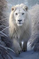 ai gerado retrato do uma branco masculino leão dentro uma Nevado ambiente, ai gerado foto