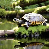 ai gerado uma tartaruga encharcado acima a luz solar em uma coberto de musgo registro dentro uma tranquilo lago, criando uma sereno e pacífico cena. ai generativo foto