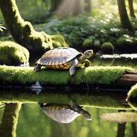 ai gerado uma tartaruga encharcado acima a luz solar em uma coberto de musgo registro dentro uma tranquilo lago, criando uma sereno e pacífico cena. ai generativo foto