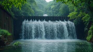 ai gerado em cascata cachoeiras gerando hidroeletricidade, cercado de exuberante vegetação foto