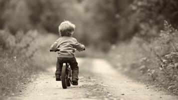 ai gerado uma pequeno uns primeiro bicicleta andar de, uma Marco histórico do independência e aventura foto