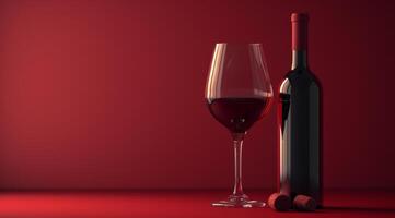 ai gerado uma vinho vidro e garrafa do vinho em uma vermelho fundo foto