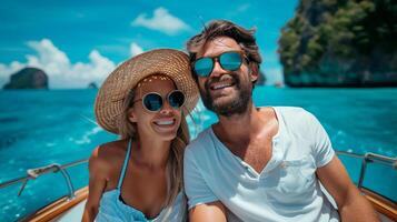 ai gerado uma alegre casal com oculos de sol desfrutando uma ensolarado barco viagem dentro uma pitoresco oceano contexto. foto