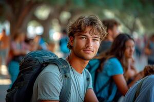 ai gerado uma confiante jovem masculino aluna com encaracolado cabelo sorridente ao ar livre às uma universidade campus. foto