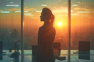 ai gerado silhueta do uma contemplativo empresária dentro escritório durante uma vibrante pôr do sol foto