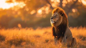 ai gerado uma régio leão levantamento Está savana reino debaixo a dourado africano Sol foto