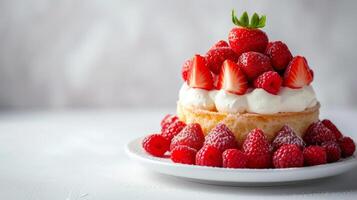 ai gerado uma de dar água na boca morango shortcake adornado com fresco bagas, conjunto contra uma limpar \ limpo foto