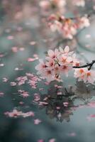 ai gerado delicado cereja flores queda suavemente em uma calma da lagoa superfície foto