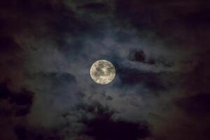 a cheio lua dentro a Sombrio nuvem. foto