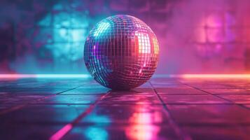 ai gerado brilhando néon sinais refletindo fora uma discoteca bola, evocando recordações do 'anos 80 dança pavimentos foto