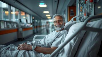 ai gerado idosos masculino paciente com uma positivo expressão em repouso confortavelmente dentro uma hospital cama. foto