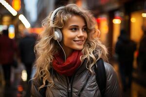 ai gerado uma radiante jovem mulher com fones de ouvido perdido dentro música enquanto caminhando através uma movimentado cidade rua foto