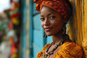 ai gerado deslumbrante africano mulher com uma vibrante laranja cabeça embrulho em pé contra uma amarelo muro. foto