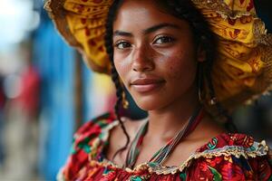 ai gerado retrato do uma jovem afro-colombiana mulher com tradicional lenço de cabeça e vestir, olhando sereno foto