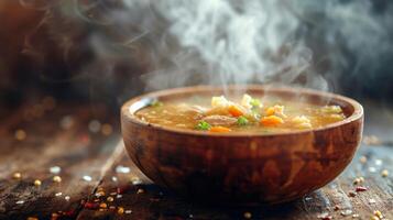 ai gerado vapor Aumentar a partir de uma quente tigela do sopa, invocando conforto e calor foto