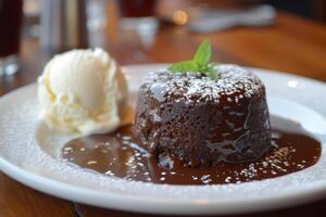 ai gerado uma decadente fundido chocolate lava bolo escorrendo com esquentar, pegajoso cacau bondade, servido com baunilha gelo creme. foto