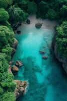 ai gerado uma mistura do turquesa águas e exuberante vegetação transportes você para uma tropical paraíso visto a partir de acima foto