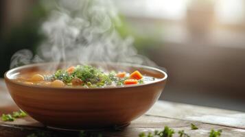 ai gerado vapor Aumentar a partir de uma quente tigela do sopa, invocando conforto e calor foto