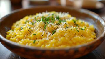 ai gerado cremoso com infusão de açafrão risoto, uma assinatura prato a partir de Milão, enfeitado com parmesão queijo foto