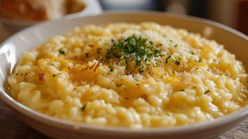 ai gerado cremoso com infusão de açafrão risoto, uma assinatura prato a partir de Milão, enfeitado com parmesão queijo foto