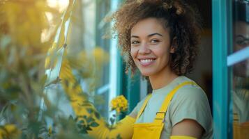 ai gerado sorridente senhora, limpando janelas, brilho do sol realçando dela alegre comportamento foto