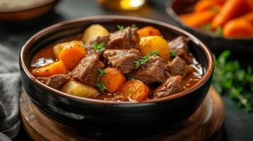 ai gerado uma forte tigela do carne ensopado, com pedaços do carne bovina, batatas, e cenouras dentro uma rico molho foto