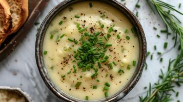 ai gerado uma tigela do cremoso batata alho-poró sopa, sedoso dentro textura e enfeitado com fresco cebolinha. foto