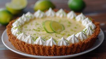 ai gerado uma delicioso chave Lima torta com uma picante Lima creme dentro uma Graham biscoito crosta foto