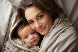 ai gerado mãe envolve dela bebê dentro uma pelúcia enrolar, partilha uma momento do conforto e afeição. mãe dia conceito. foto