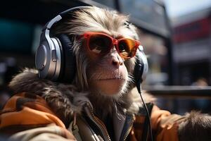 ai gerado uma na moda macaco com fones de ouvido e oculos de sol escuta para música centro da cidade, exalando legal vibrações foto