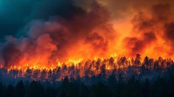 ai gerado uma enfurecido incêndios envolve florestas, liberando nuvens do fumaça e cinza para dentro a céu. foto
