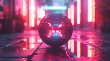 ai gerado brilhando néon sinais refletindo fora uma discoteca bola, evocando recordações do 'anos 80 dança pavimentos foto