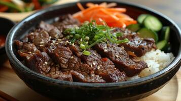 ai gerado fracamente fatiado marinado carne bovina, grelhado para perfeição, servido com legumes e arroz foto