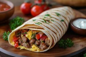 ai gerado linguiça e ovo café da manhã burrito, embrulhado dentro uma caloroso tortilla com salsa e queijo. foto