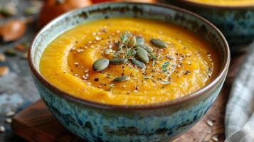 ai gerado uma vibrante tigela do Butternut abóbora sopa, aveludado e enfeitado com assado sementes. foto