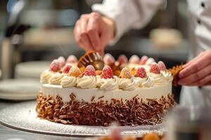 ai gerado uma mestre pastelaria chefe de cozinha intrincadamente decoração uma multicamadas bolo com precisão e talento foto