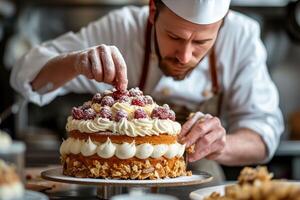 ai gerado uma mestre pastelaria chefe de cozinha intrincadamente decoração uma multicamadas bolo com precisão e talento foto