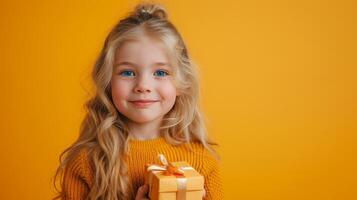 ai gerado uma jovem Loiras menina segurando uma presente caixa dentro uma estúdio com uma amarelo fundo foto