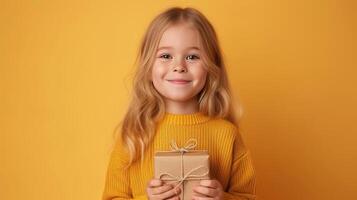 ai gerado uma jovem Loiras menina segurando uma presente caixa dentro uma estúdio com uma amarelo fundo foto