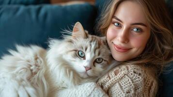 ai gerado uma jovem mulher é sentado em uma lindo Sombrio azul sofá. uma ampla branco fofo gato mentiras em dela colo foto