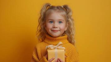 ai gerado uma jovem Loiras menina segurando uma presente caixa dentro uma estúdio com uma amarelo fundo foto