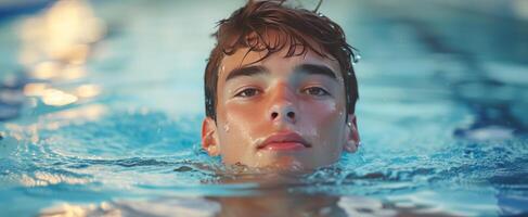 ai gerado jovem Garoto dentro a piscina olhando em direção a a Câmera foto