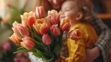 ai gerado Papai e filho dar uma ramalhete do lindo tulipas para uma mulher dentro uma amarelo vestir foto