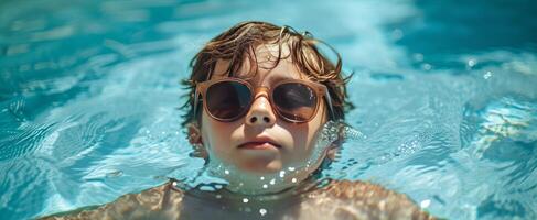 ai gerado Garoto natação dentro uma natação piscina com oculos de sol foto