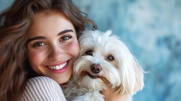 ai gerado uma lindo menina sorridente detém uma lindo branco maltês cachorro dentro dela braços foto