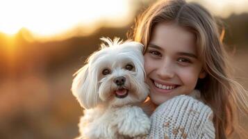 ai gerado uma lindo menina sorridente detém uma lindo branco maltês cachorro dentro dela braços foto