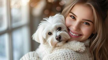 ai gerado uma lindo menina sorridente detém uma lindo branco maltês cachorro dentro dela braços foto