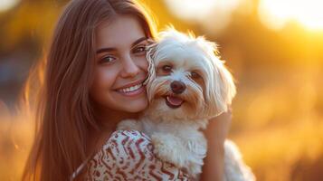 ai gerado uma lindo menina sorridente detém uma lindo branco maltês cachorro dentro dela braços foto