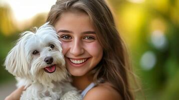 ai gerado uma lindo menina sorridente detém uma lindo branco maltês cachorro dentro dela braços foto